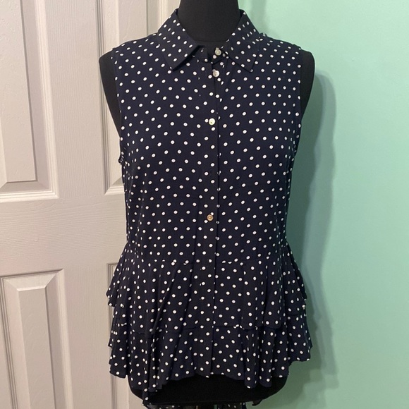 For The Republic Tops - Navy Blue Polka Dot High Low Blouse